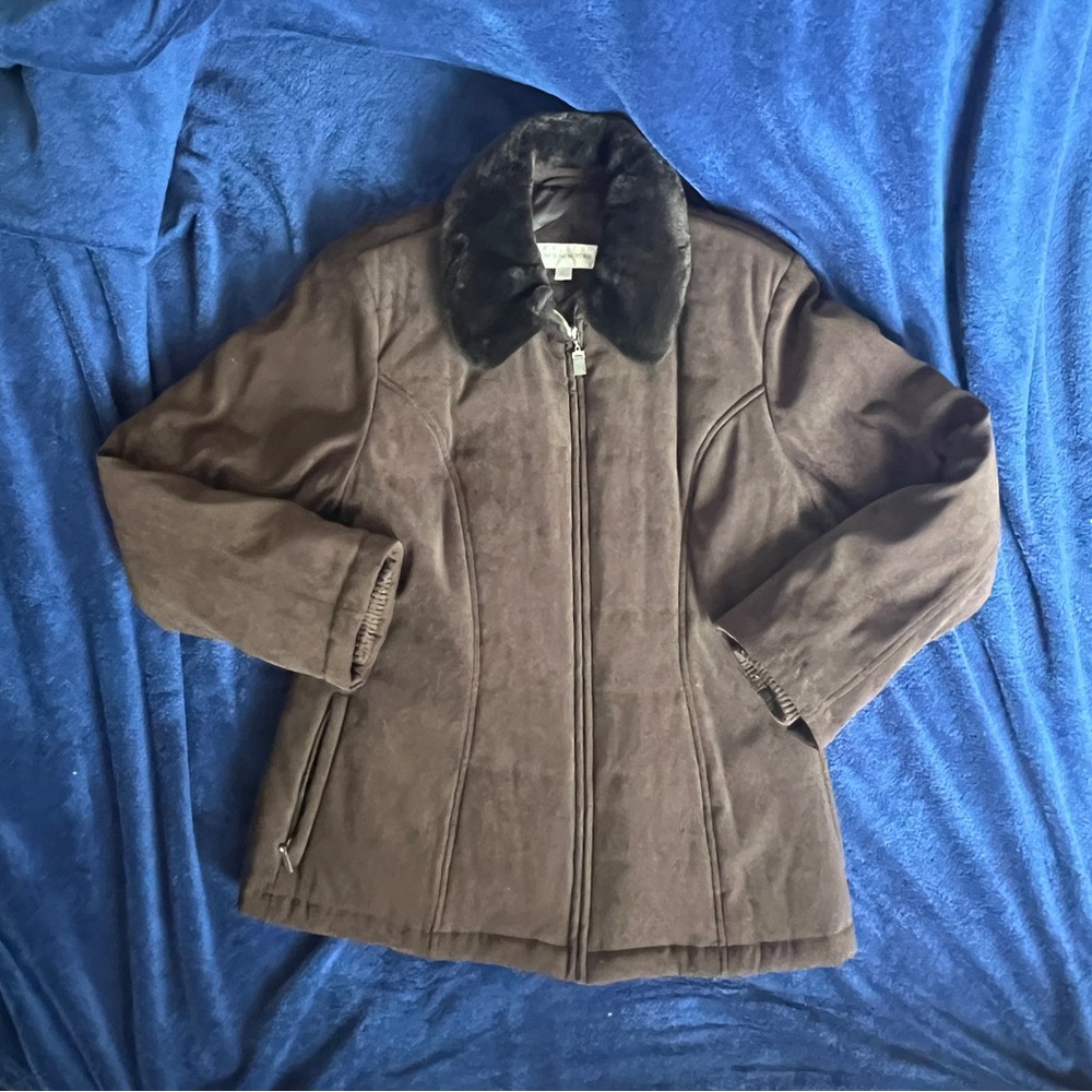 Jones New York Womens Brown Long Sleeve Faux Fur Collar Full Zip Jacket Size XL